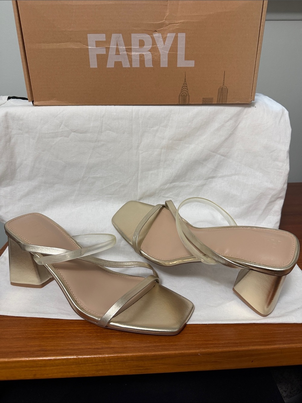 Farylrobin Metallic Gold Strappy Block Heel Sandals